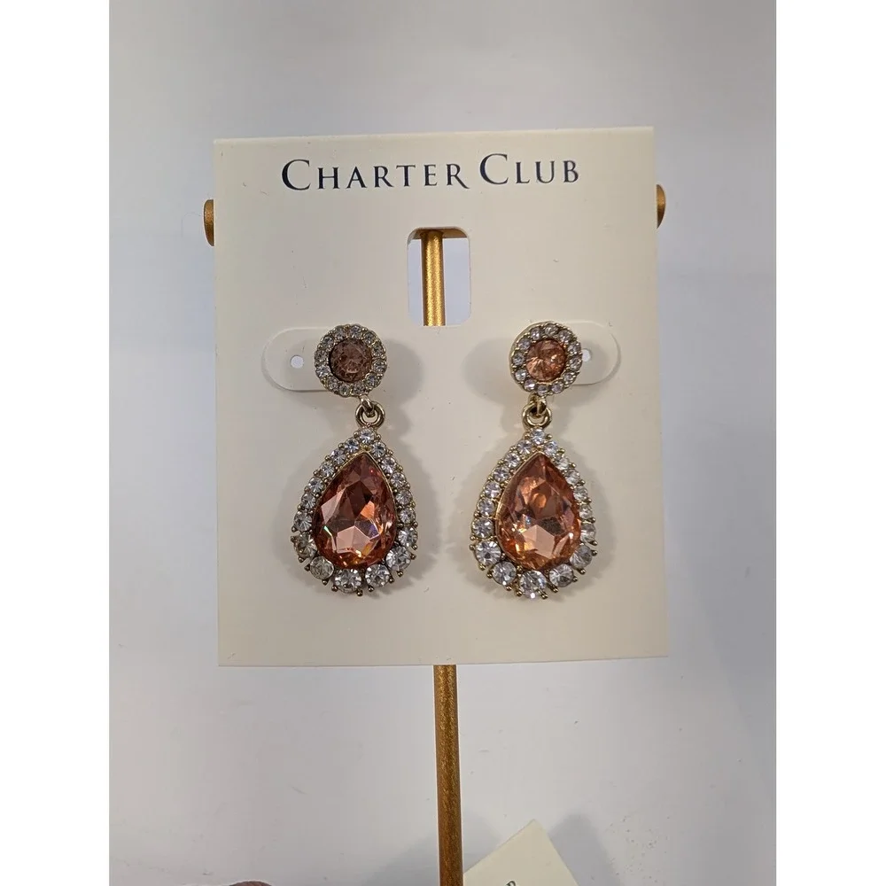 Lot o f 2 Charter Club Crystal Teardrop Drop Earrings Amber & Green -‎ NEW